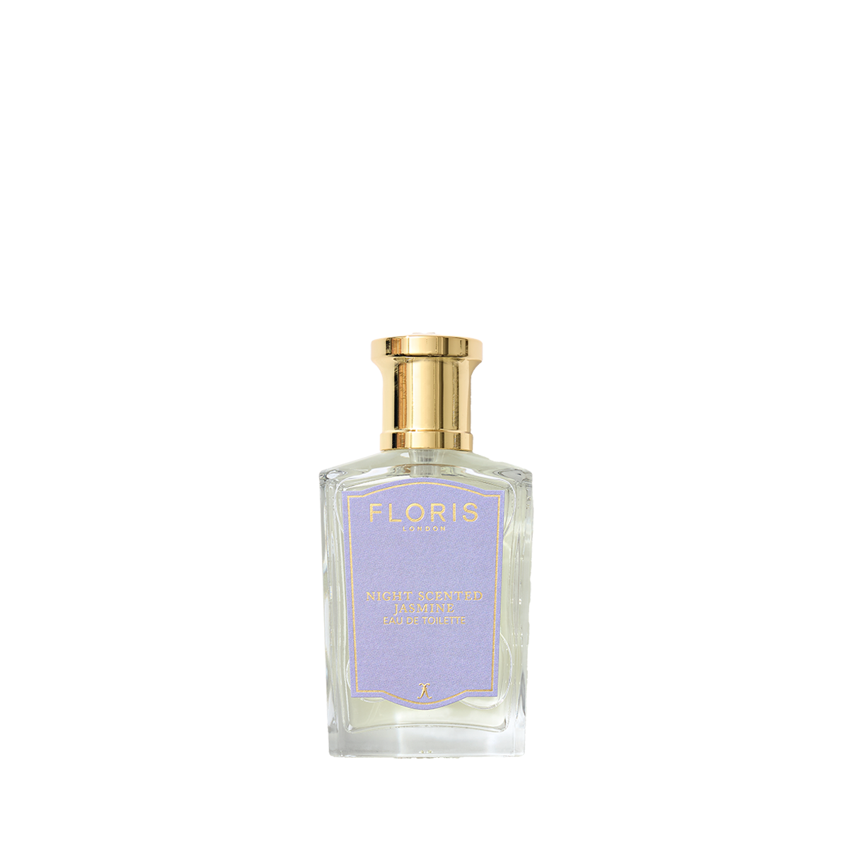 A clear glass bottle of Floris London Night Scented Jasmine Eau de Toilette, with a seductive Mediterranean floral scent, against a plain white background.