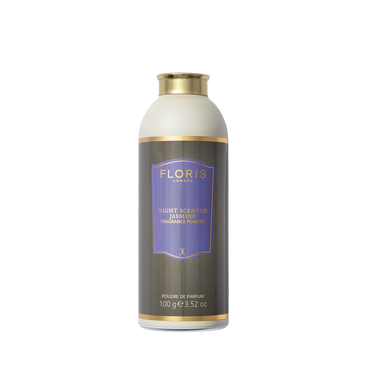 A 100g cylindrical Floris London EU Night Scented Jasmine Fragrance Powder with soothing aloe vera, gold cap, and a purple-gold label on white.