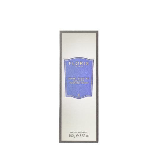Rectangular box of Floris London EU Night Scented Jasmine Fragrance Powder, 100g, with soothing aloe vera, silver background, and blue front label.