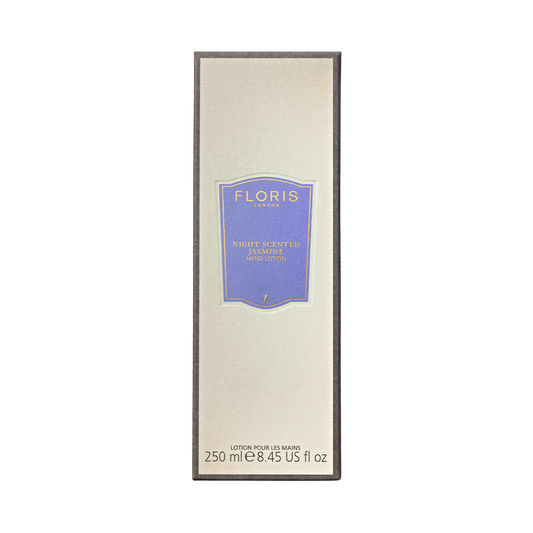 Floris London EU Night Scented Jasmine Hand Lotion, 250ml, with sweet almond oil in a cream and purple label—ideal for dry skin.