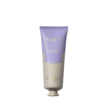 A tube of Floris London EU Night Scented Jasmine Hand Treatment Cream with a lavender and beige design stands upright with a screw cap on white.