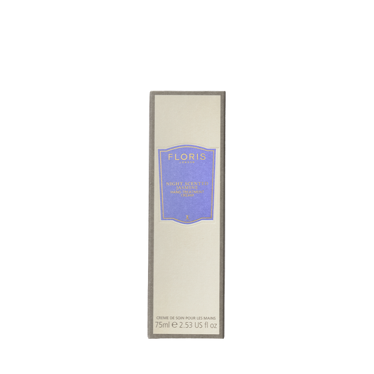 A rectangular beige box with a blue label reads "Floris London EU Night Scented Jasmine - Hand Treatment Cream, 75ml e 2.53 US fl oz" on white.