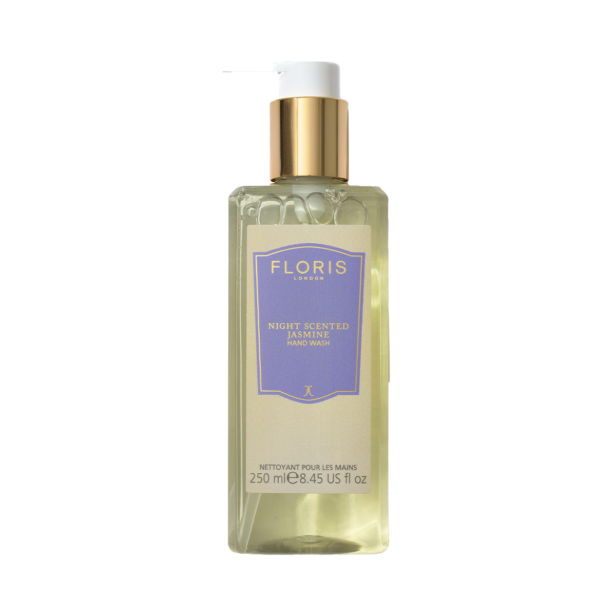 A clear 250 ml bottle of Floris London EU Night Scented Jasmine Hand Wash with a lavender and gold label.