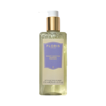A clear 250 ml bottle of Floris London EU Night Scented Jasmine Hand Wash with a lavender and gold label.