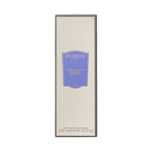 Floris London EU Night Scented Jasmine Hand Wash, mild formula with coconut & olive, 250ml beige/gray box with blue and gold label.