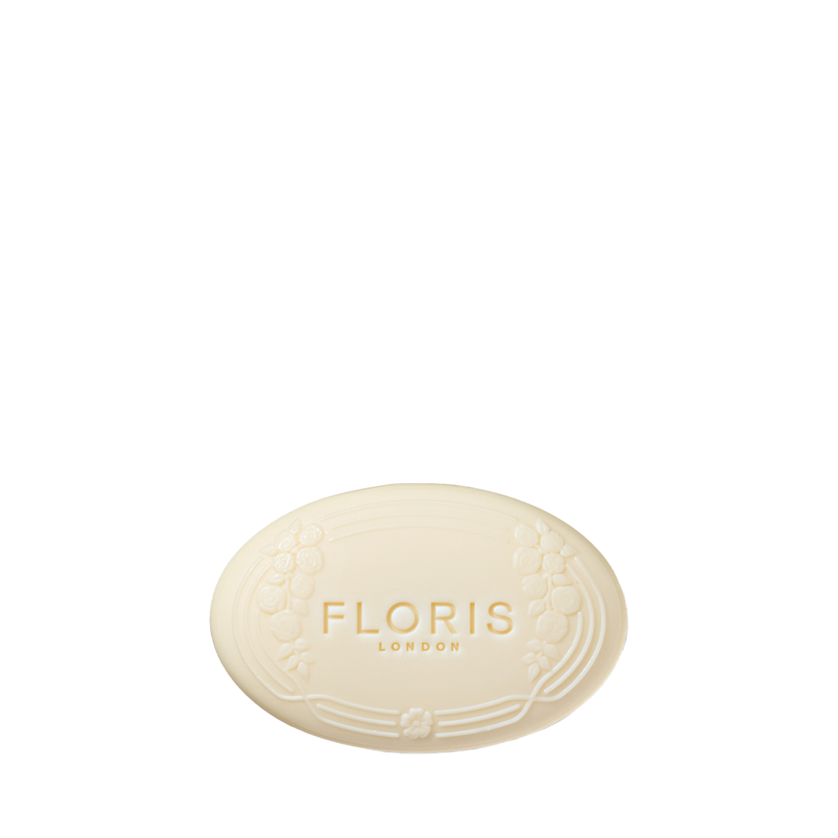 Oval bar of Night Scented Jasmine Luxury Soap by Floris London, vegetable-based with embossed logo and floral border on a white background.
