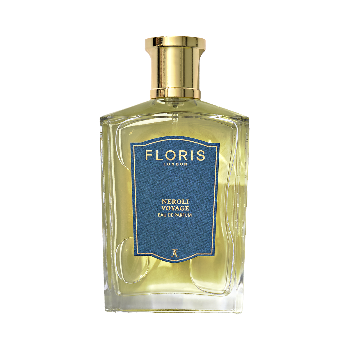 A clear glass bottle of Floris London Neroli Voyage - Eau de Parfum with a gold cap and blue label sits against a white background.