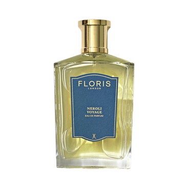 A clear glass bottle of Floris London Neroli Voyage - Eau de Parfum with a gold cap and blue label sits against a white background.