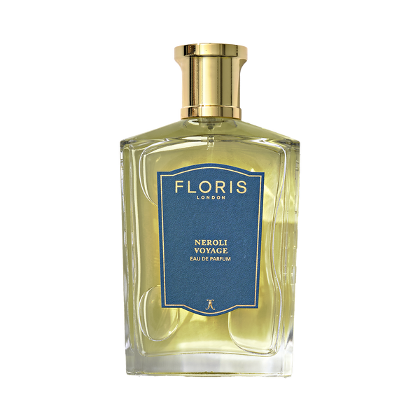 Floris London's Neroli Voyage Eau de Parfum features a blue label, gold cap, and jasmine hints.
