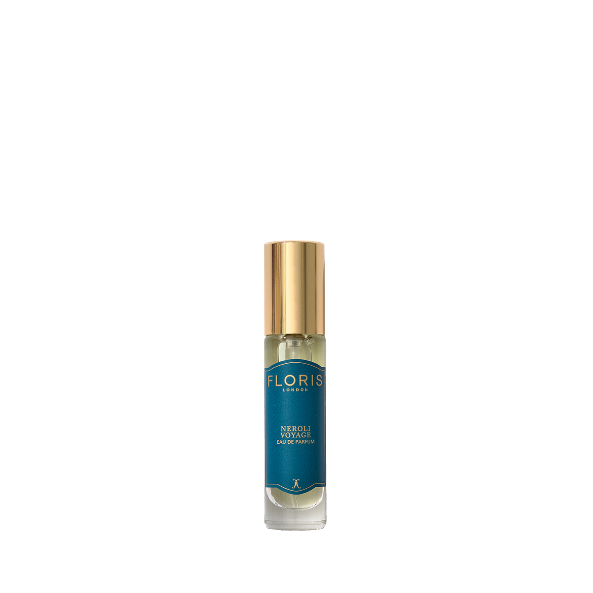 A small glass bottle of Floris London Neroli Voyage - Eau de Parfum, with a gold cap and blue label, shown on a plain white background.