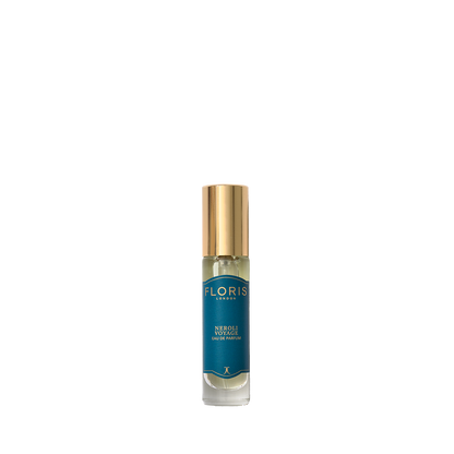 A small glass bottle of Floris London Neroli Voyage - Eau de Parfum, with a gold cap and blue label, shown on a plain white background.