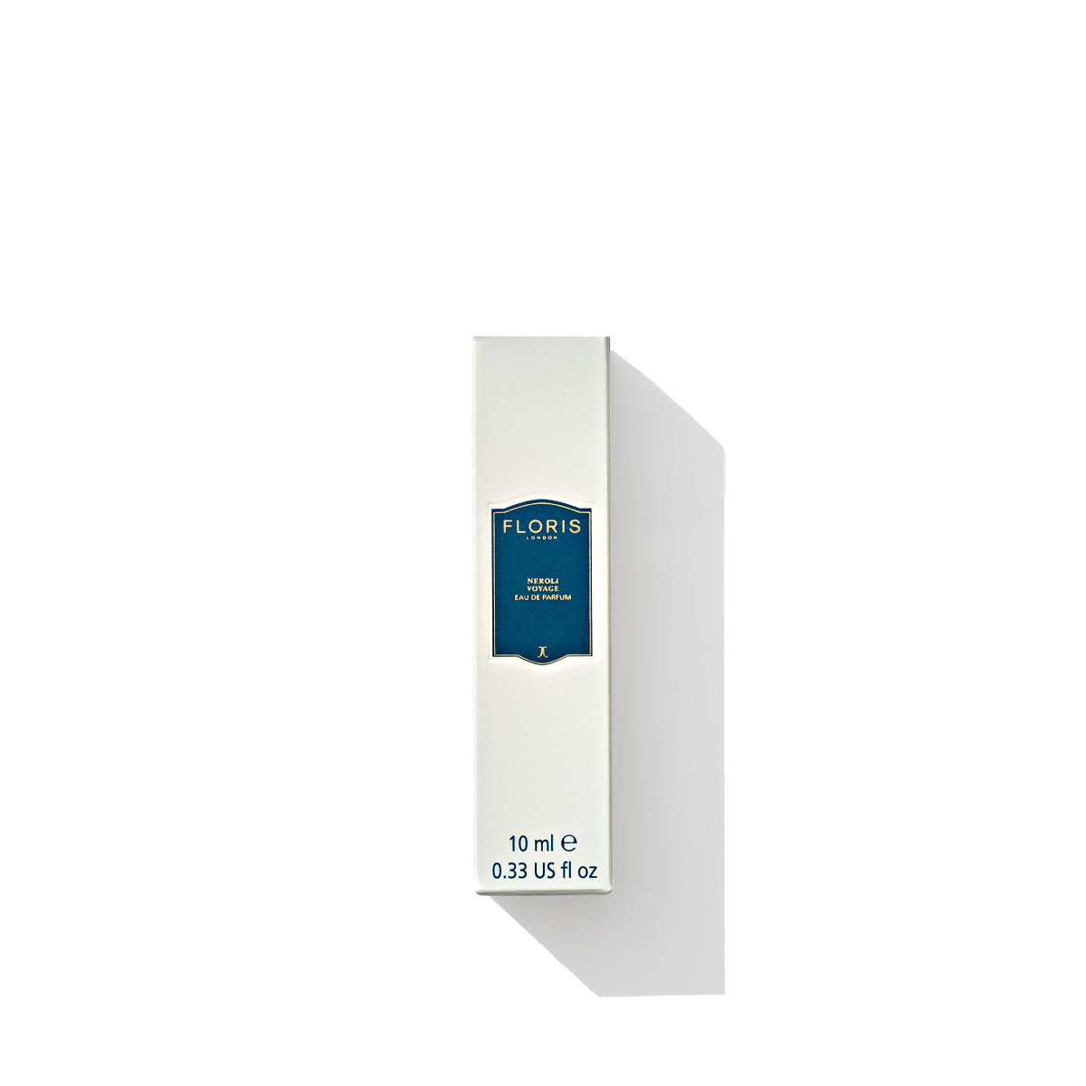 A 10 ml bottle of Neroli Voyage - Eau de Parfum by Floris London, offering a citrus marine fragrance, is presented in a white box adorned with a blue label against a white backdrop. This unisex fragrance captures the essence of elegance and adventure.