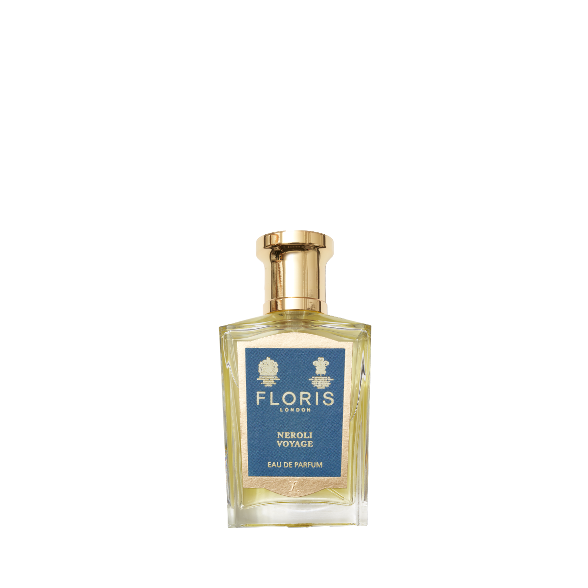 A clear glass bottle of Floris London Neroli Voyage - Eau de Parfum, with a gold cap and blue label, is shown against a white background.