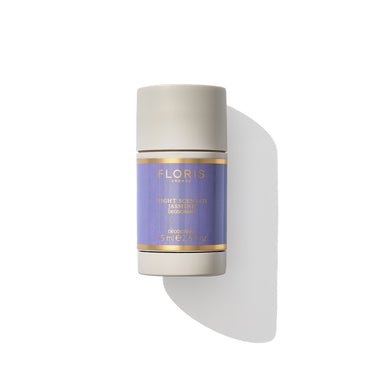 A cylindrical deodorant container labeled "Night Scented Jasmine - Deodorant Stick" by Floris London EU, with a 75 ml volume, designed for sensitive skin and set against a white background.