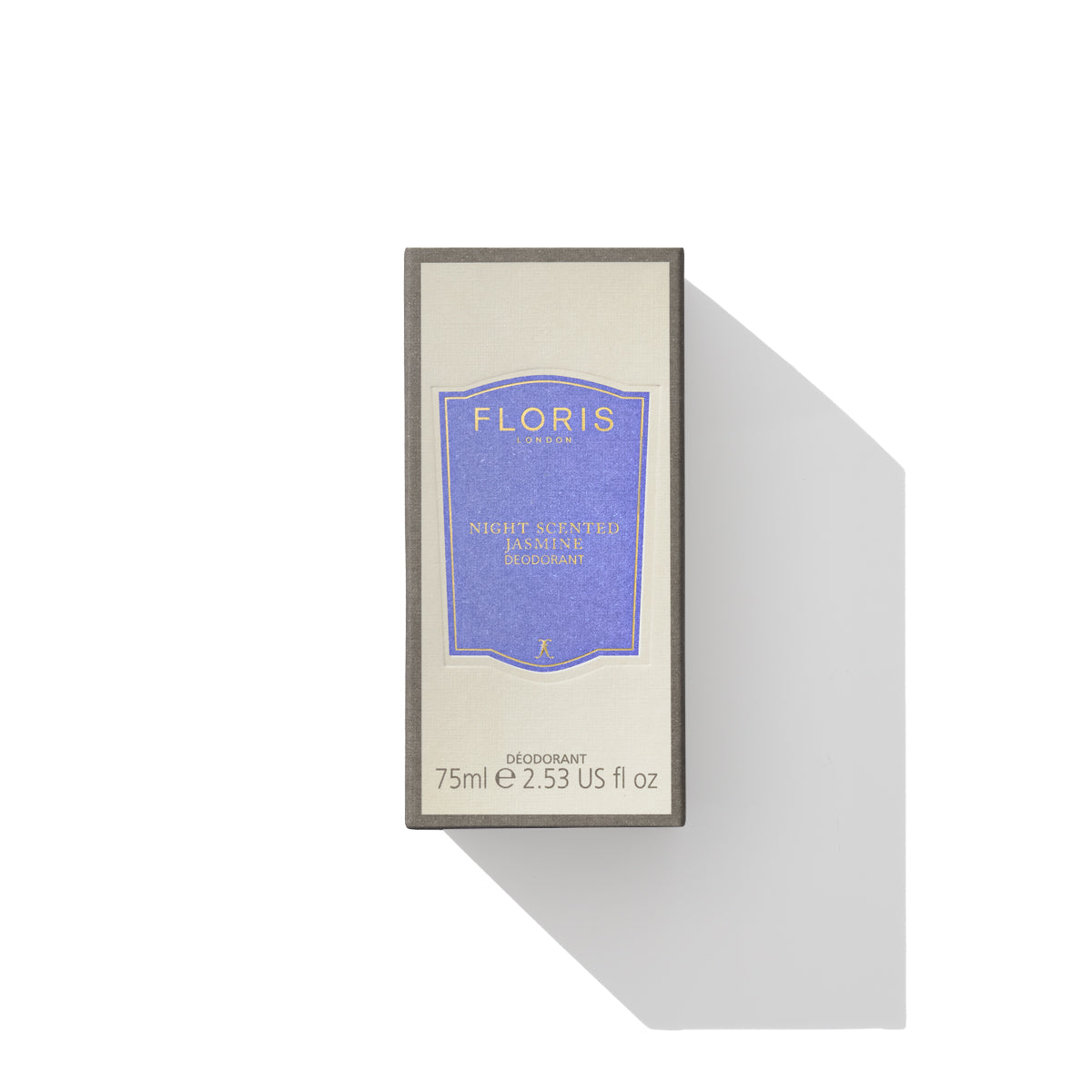 A Floris London EU deodorant stick labeled "Night Scented Jasmine" with a 75ml (2.5 fl oz) capacity. The light box with a blue label contains an alcohol and aluminium-free formula, ideal for sensitive skin.