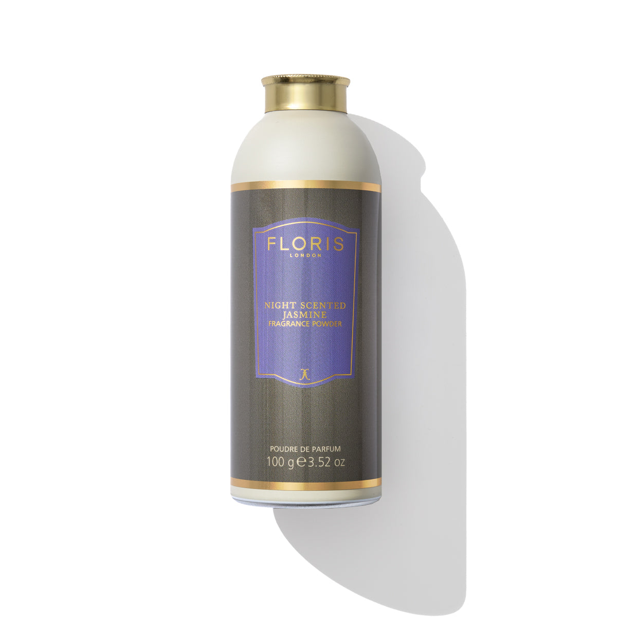 A cylindrical container labeled "Floris London EU Night Scented Jasmine - Fragrance Powder" with a gold cap, containing 100g (3.52 oz) of product, stands against a white background with a shadow.