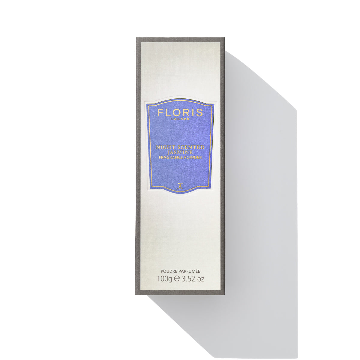 A box of Floris London EU Night Scented Jasmine - Fragrance Powder with aloe vera and lavender, featuring a blue label and a net weight of 100 grams, photographed against a white background.