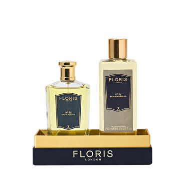 The Icon | No. 89 Duo by Floris London EU features No. 89 Eau de Toilette and Bath & Shower Gel on a matching black and gold tray.