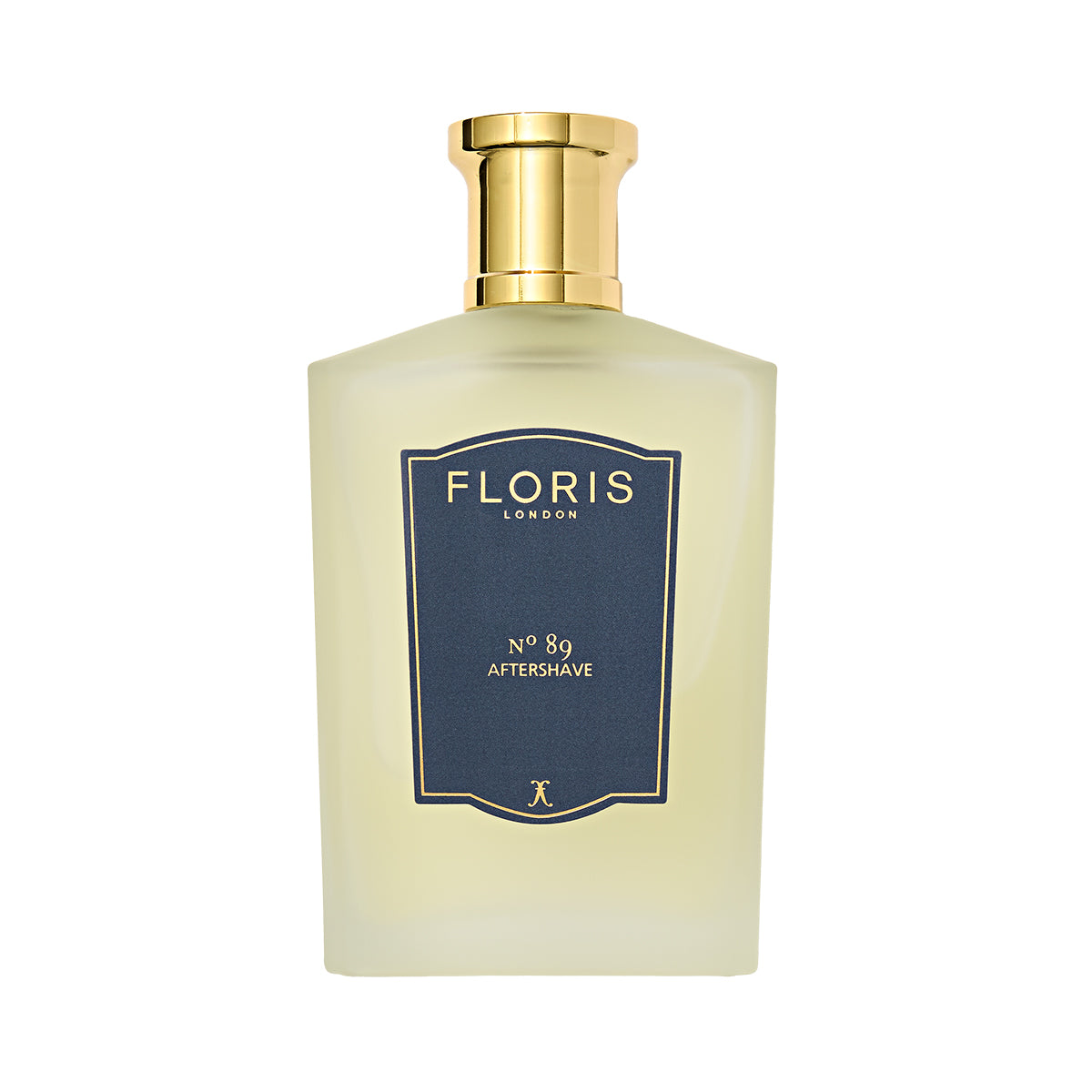 A 100ml bottle of Floris London No. 89 aftershave has a classic cologne scent with sandalwood notes, featuring a gold cap and dark blue label.