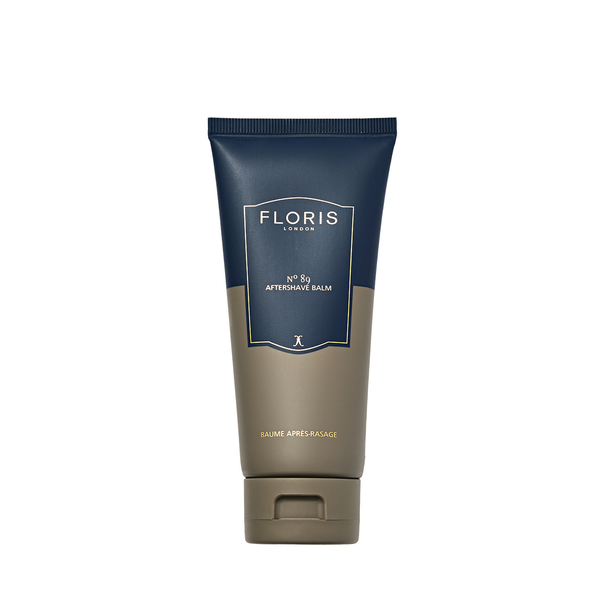 Floris London No. 89 Aftershave Balm, inspired by a classic English fragrance, stands upright in navy and olive green against a white background.