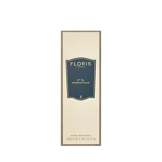 A rectangular box of Floris London No. 89 - Aftershave Balm, a hydrating men's fragrance, with a cream background and blue label.