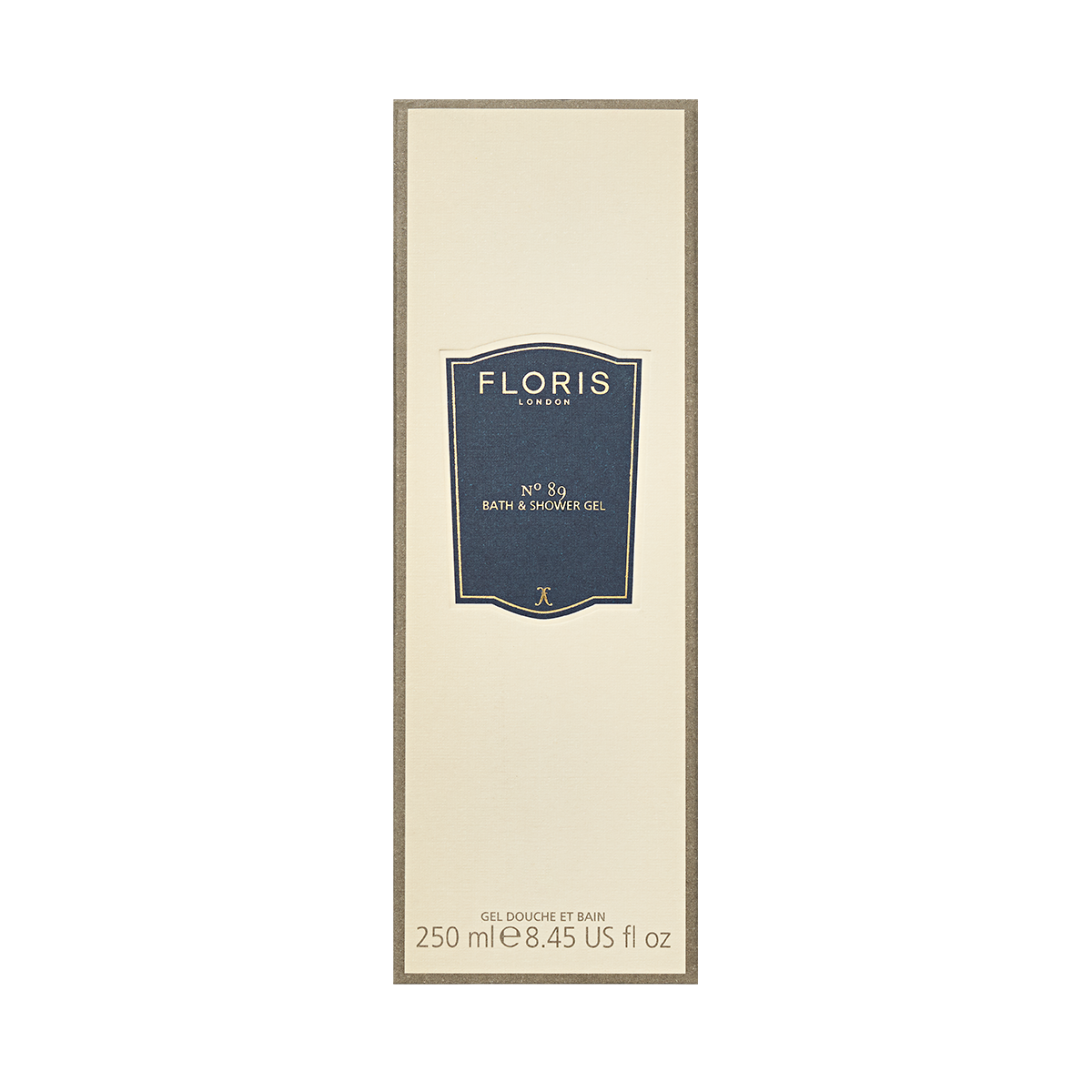 A rectangular box of Floris London No. 89 Moisturising Bath & Shower Gel, 250ml, with a cream background, blue label, and luxurious fragrance.