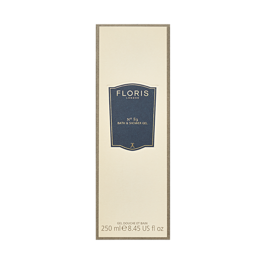 A rectangular box of Floris London No. 89 Moisturising Bath & Shower Gel, 250ml, with a cream background, blue label, and luxurious fragrance.