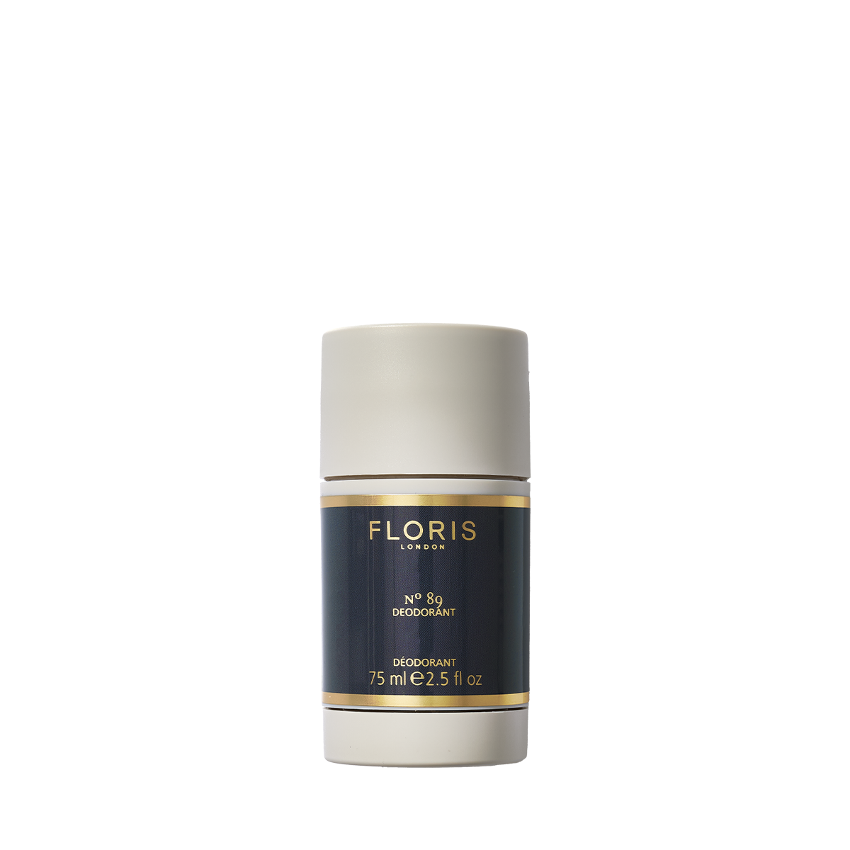 A Floris London EU No. 89 Deodorant Stick, aluminium-free with beige cap and base plus black and gold label, shown on a plain white background.