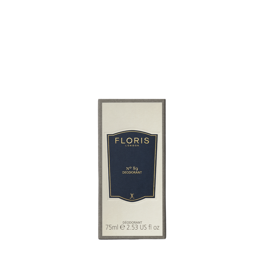 A rectangular box of Floris London EU No. 89 Deodorant Stick with a navy-gold label, aluminium-free, containing 75ml (2.53 US fl oz).