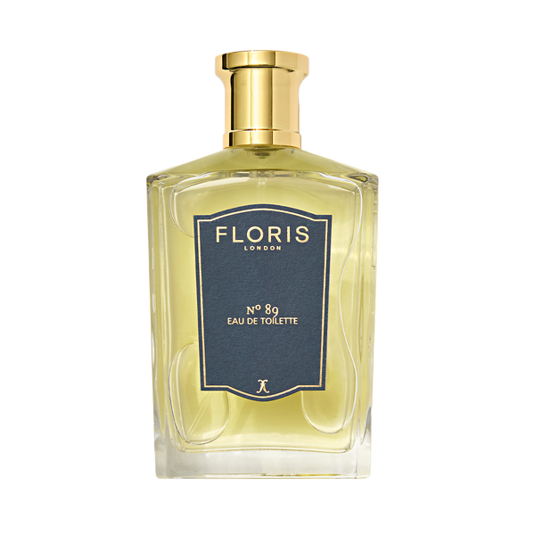 A square glass bottle of No. 89 - Eau de Toilette by Floris London, featuring a navy label and gold cap.