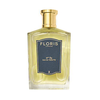A rectangular glass bottle of Floris London No. 89 - Eau de Toilette, featuring a gold cap and blue front label.
