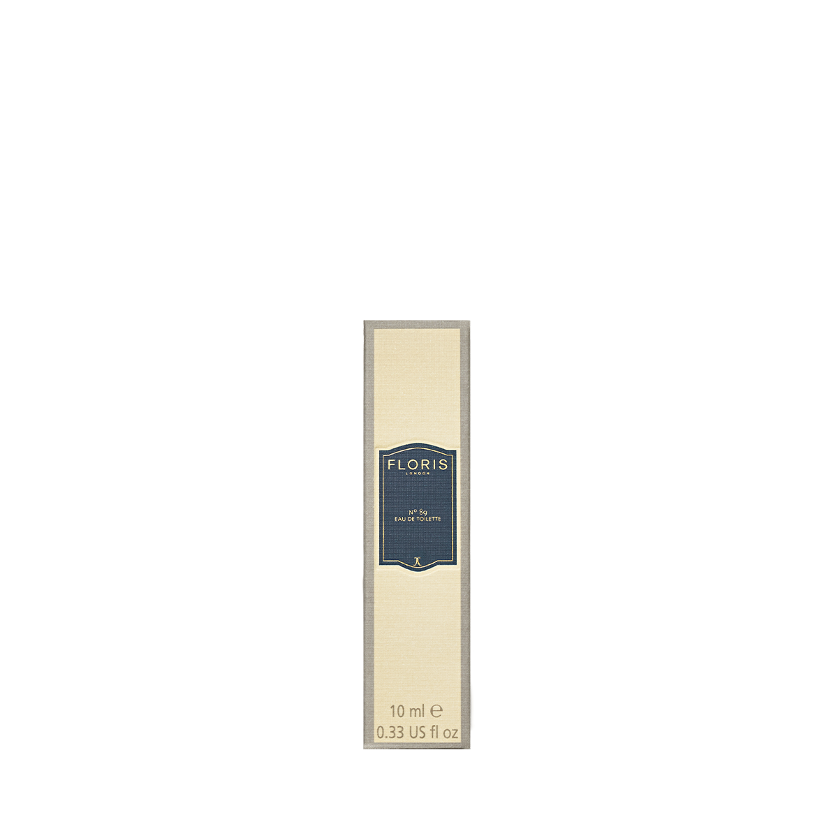 A tall, thin beige box with a black label holds a 10 ml bottle of Floris London's No. 89 Eau de Toilette, an exquisite gentleman's fragrance.