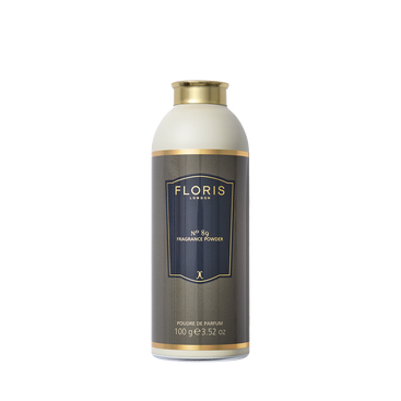 A cylindrical 100g Floris London EU No. 89 Fragrance Powder with aloe vera, gold cap, and dark label, shown on a white background.