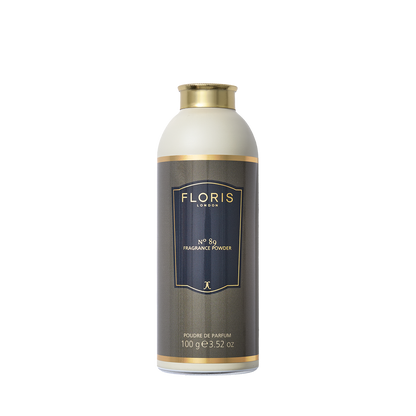 A 100g Floris London No. 89 Fragrance Powder in a cylindrical container with a gold cap and dark label on a plain white background.