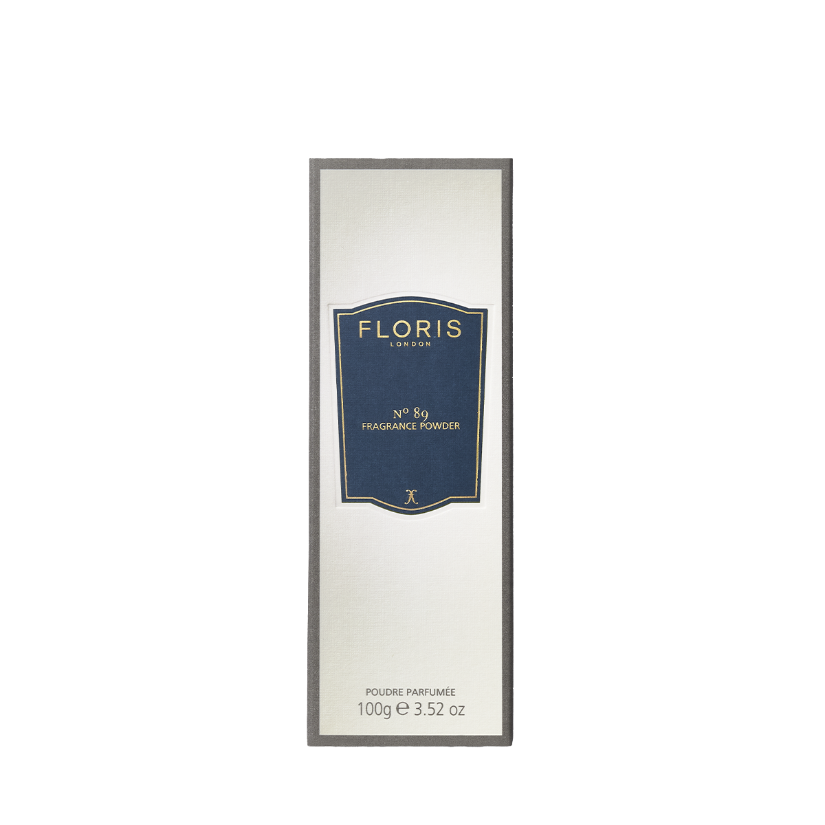 Floris London's No. 89 Fragrance Powder comes in a rectangular box with aloe vera, elegantly labeled in white and navy.