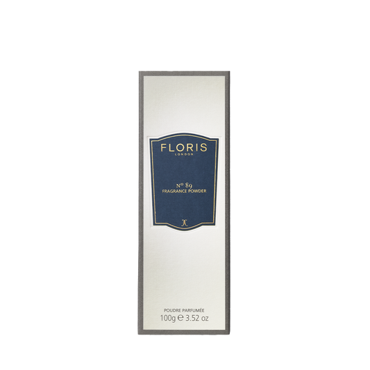 Rectangular Floris London EU No. 89 Fragrance Powder, 100g, with aloe vera; navy and silver label on a cream box.