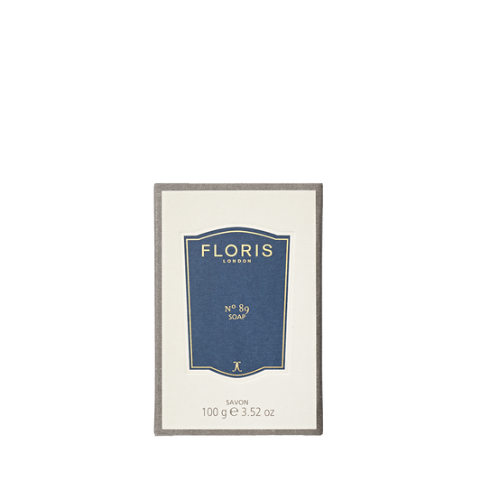A rectangular Floris London EU No. 89 Soap box with a cream and navy blue label displays its signature scent and 100g (3.52 oz) weight.