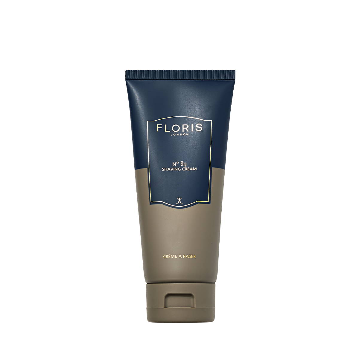 Floris London No. 89 - Shaving Cream, infused with aloe vera and the signature scent, comes in a sleek dark blue and taupe tube with flip-top cap.