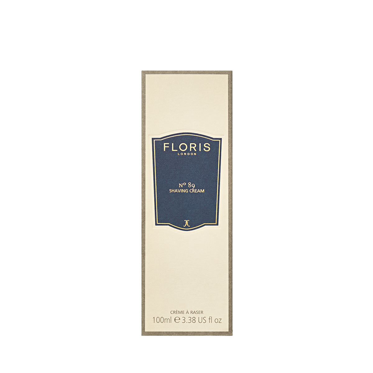 Rectangular box of Floris London No. 89 - Shaving Cream, 100ml, with soothing aloe vera and a navy blue label, shown on a beige background.