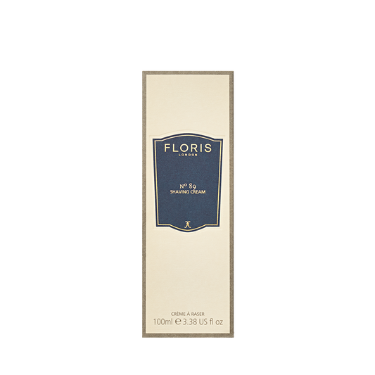 Rectangular box of Floris London No. 89 - Shaving Cream, 100ml, with soothing aloe vera and a navy blue label, shown on a beige background.