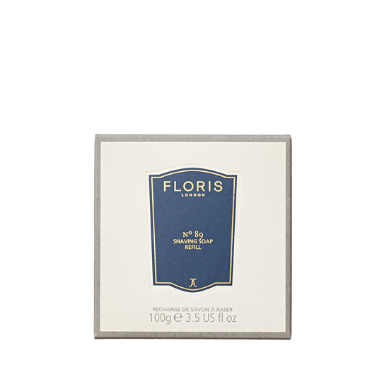 A 100g Floris London No. 89 Shaving Soap Refill with a blue and cream label sits against a plain background.