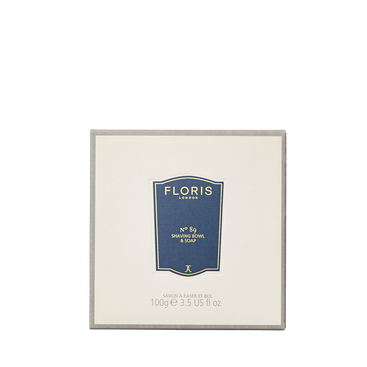 A 100g Floris London No. 89 - Shaving Soap & Bowl, blue and gold label, displayed on a beige background.