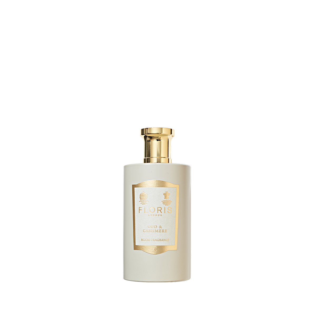 A white Floris London Oud & Cashmere - Room Fragrance bottle with a gold cap and label, shown against a plain white background.