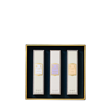 The Perfumer's Trilogy: For Her by Floris London EU features three 10ml floral scents in a black and gold box—ideal as a luxe gift for her.