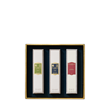 Floris London EU Perfumer's Trilogy: For Him—three 10ml men's fragrances in a black, gold-edged tray—makes the perfect festive gift.