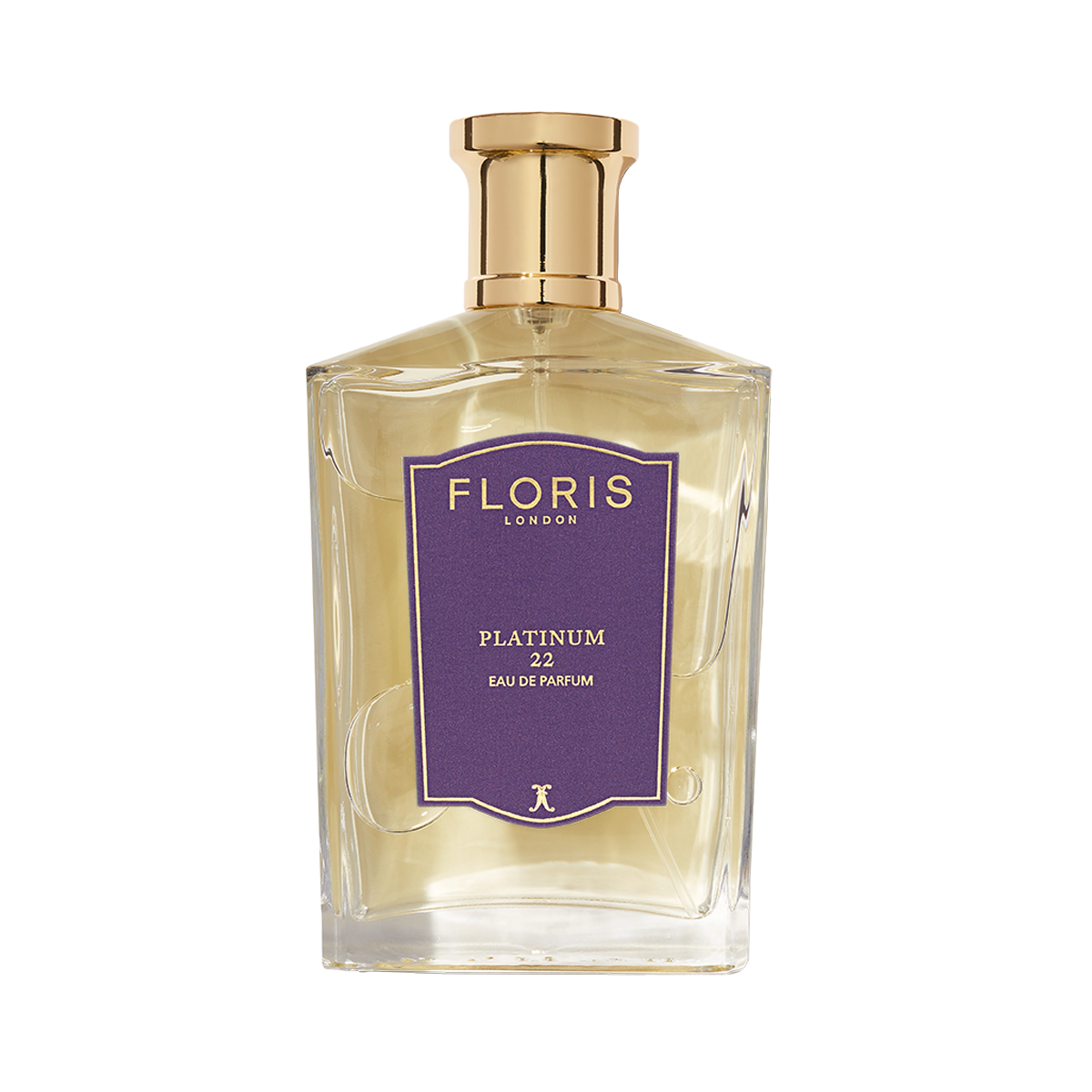 A clear glass bottle with a gold cap contains Floris London EU Platinum 22 - Eau de Parfum, featuring a purple label with gold text.