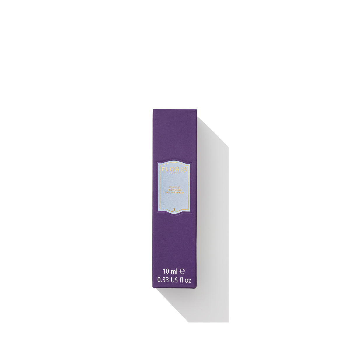 A 10 ml deep purple rectangular box with a central blue label features "Floris London" and contains the Purple Mémoire Eau de Parfum.