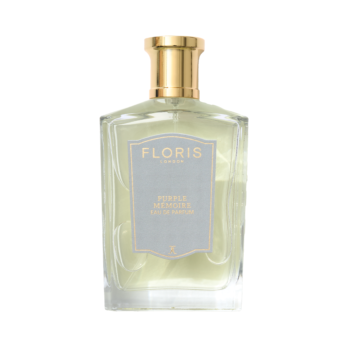 A clear glass bottle of Floris London Purple Mémoire – Eau de Parfum, featuring a gold cap and a light purple label on the front.