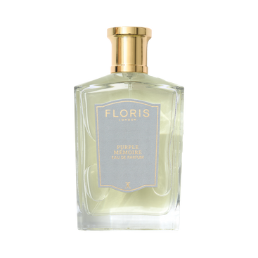 A clear glass bottle of Floris London Purple Mémoire – Eau de Parfum, featuring a gold cap and a light purple label on the front.