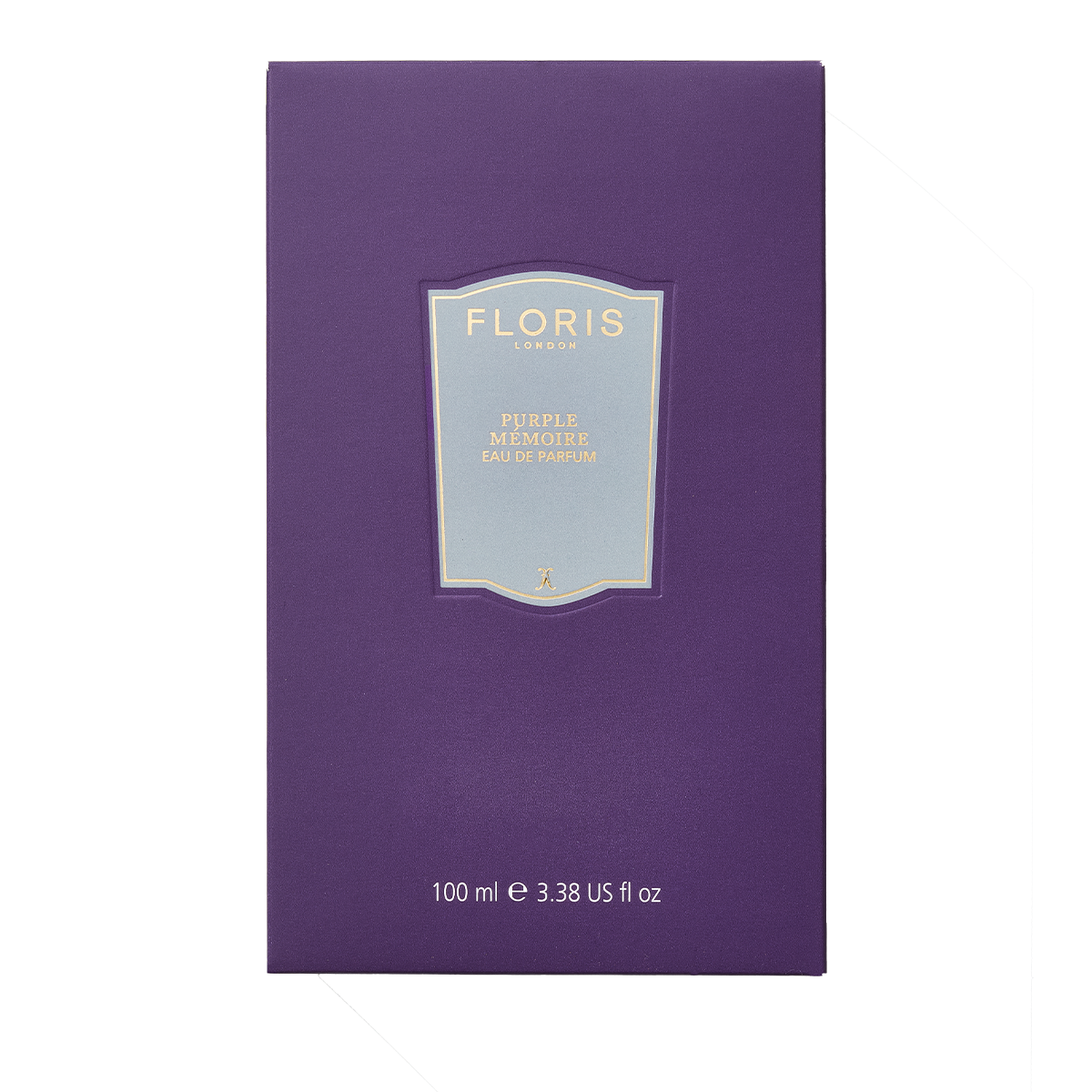 A rectangular purple box of Floris London Purple Mémoire Eau de Parfum, 100 ml, with a light blue and gold label and an elegant lavender scent.